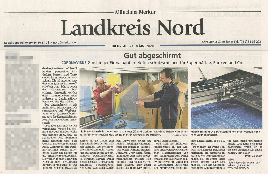 Bericht aus der Tageszeitung Münchner Merkur über die Firma RIWA Display GmbH: Bau von Infektionsschutzscheiben für Supermärkte, Banken, Praxen und Co.