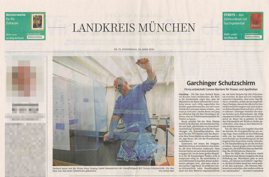 Bericht aus der Süddeutschen Zeitung über die Firma RIWA Display GmbH: Firma entwickelt Corona-Barriere für Praxen und Apotheken