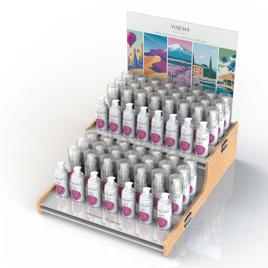 Dieses warentragende Display aus Kunststoff und Holz kann zerlegt verschickt und dann am POS ganz einfach zusammengebaut werden. Es präsentiert die Produkte übersichtlich in zwei Stufen. Alle Teile können einfach getauscht und damit an neue Waren angepasst werden.
