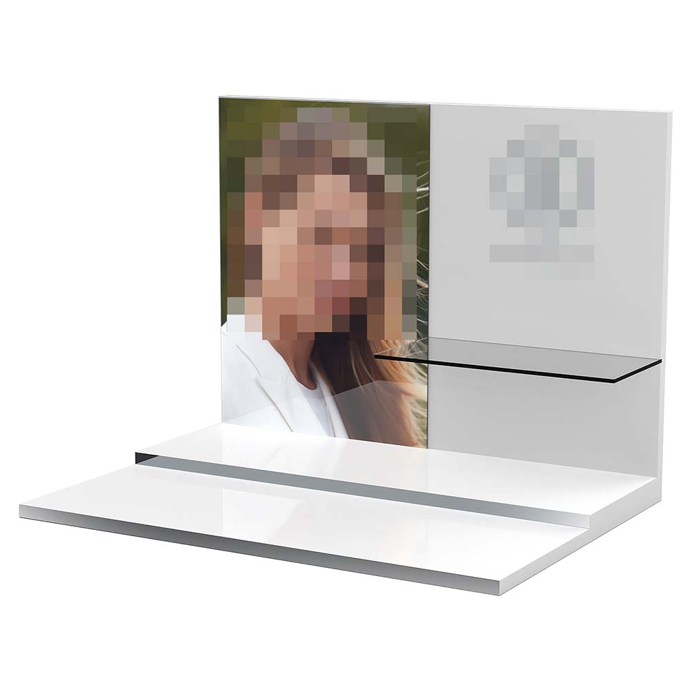 Ein universell einsatzbares Warenpräsentationsdisplay aus Acrylglas und weißem Recycling-Kunststoff für eine bekannte deutsche Brillenmarke.